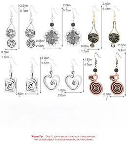 Tableau des tailles détaillé pour boucles d'oreilles spirales géométriques vintage