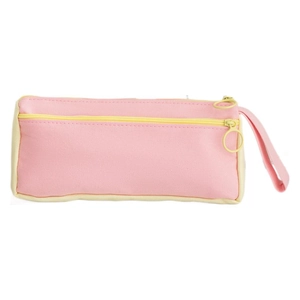 Pink and yellow color-block canvas pencil case with large rings and handle strap