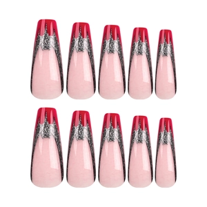 Dark glitter bat press-on nails in long coffin shape with red edges and silver accents