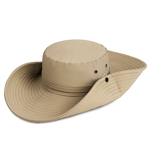 Khaki wide brim camping hat with waterproof fabric and metal ventilation holes