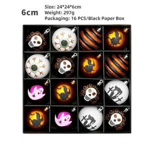 Set of 16 painted Halloween ghost and skull decorative balls in a 24x24cm display box