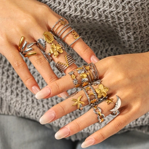Adjustable Open Rings Stainless Steel Bicolor Shell Star Moon Flower Vintage Bohemian Luxury Jewelry For Women