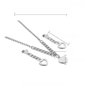 Detailed view of silver stainless steel jewelry set featuring heart charms and dimensions