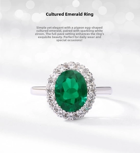 Detailed macro view of oval-cut lab emerald ring with sparkling zircon halo setting