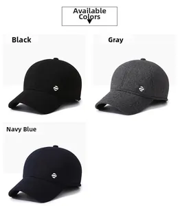 Detail view of herringbone wool baseball caps in black, grey, and navy colors