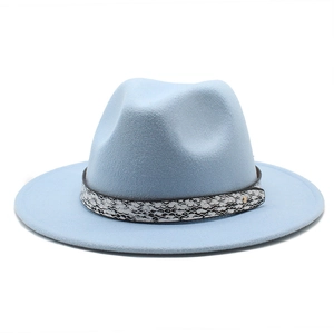 Light blue wool fedora hat with wide flat brim and stylish snakeskin patterned band