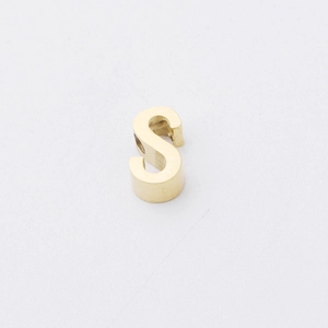 Detailed close-up of a polished gold letter S bead with a 1.8mm small hole for jewelry making