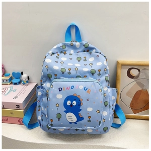 Detail of light blue toddler backpack featuring a cute dinosaur print and cloud patterns
