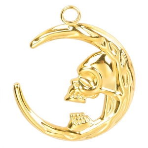 Golden moon and skull pendant in stainless steel with textured finish on white background