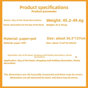 Detailed specifications for Day of the Dead paper decoration measuring 34.3 by 137 cm