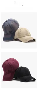 Detailed view of washed distressed baseball caps in four colors with vintage ripped effects