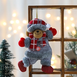 Christmas plush teddy bear hanging decoration with red grey plaid and cozy festive lights