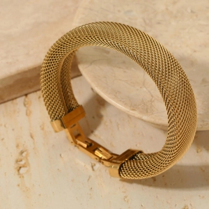Minimalist gold mesh woven stainless steel bracelet for women with folding metal clasp