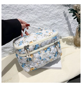 Floral quilted toiletry bag with blue yellow patterns and handle shown being held