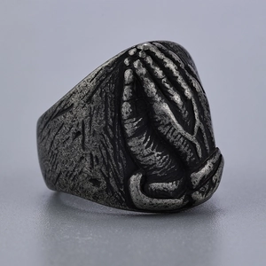 Vintage stainless steel prayer hands ring with antique silver finish and detailed relief
