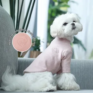 Pink knit pet turtleneck sweater with heart embroidery for small dogs like Bichon