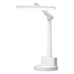 Foldable LED eye-care desk lamp in white with pen holder base and adjustable head