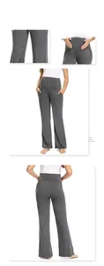 Detailed views of high-waist maternity pants showing elastic belly support and grey fabric