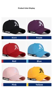 Comparison of various colored baseball caps with A-letter embroidery and sports ribbons