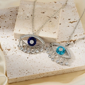Stainless Steel Evil Eye Pendant Necklace For Women Zirconia Inlaid Tassel Silver Chain Bohemian Fashion Jewelry Gift