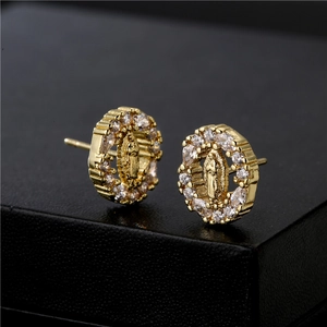 Gold plated Virgin Mary stud earrings with micro-pave cubic zirconia crystals
