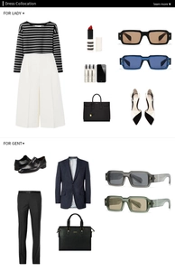 Flat lay fashion lookbook showing square sunglasses with elegant dress collocation for men and women