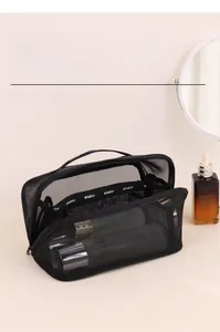 Close-up of black mesh cosmetic bag with large capacity and portable handle detail