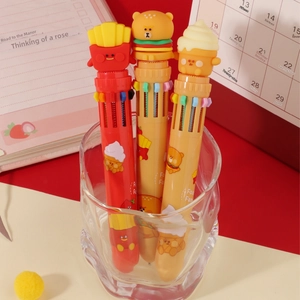Close-up of multi-color retractable pens featuring 3D fast food themed toppers
