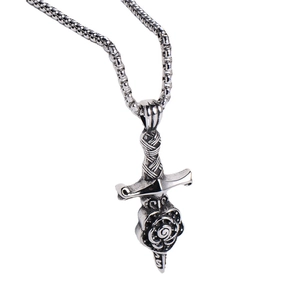 Gothic silver sword and rose pendant necklace in stainless steel on white background