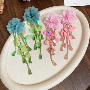 Floral chiffon tassel earrings with sparkling sequins and beads for a bohemian summer look