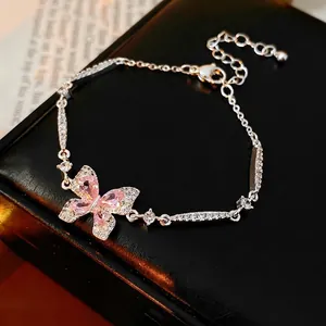 Bracelet Pendentif Papillon Cuivre Zircon Rose Inrusté Réglable Bijoux Doux Et Délicats Pour Femmes Accessoire