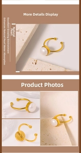 Detail view of natural freshwater pearl ring with golden adjustable band and stone decor