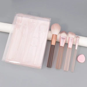 Pink 4-piece makeup brush set with sponge and clear PVC travel box, rose gold accents