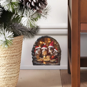 Detailed 3D Christmas mouse hole wall decal showing cute mice dining inside a wall