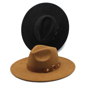 Cappelli fedora a tesa larga in camoscio nero e cammello con fibbia in metallo