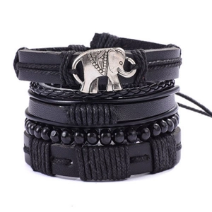 Bracelet multi-rangs pour homme en cuir tressé noir avec charm éléphant argenté