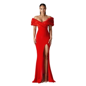 Elegant red off-shoulder evening dress with high slit and pleated bodycon silhouette