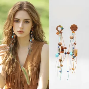 Bohemian Long Tassel Earrings Wood Beads Natural Stones Beaded Ethnic Vintage Jewelry With Silver Earring Post