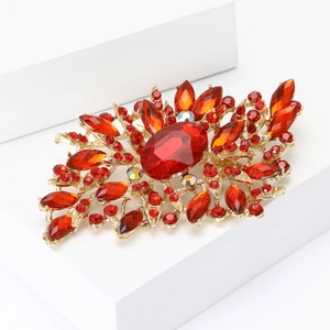 Elegant gold flower brooch with red rhinestones and crystal center for women