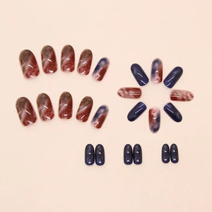 24pcs glossy oval press-on nails with blue and dark red marble tie-dye gradient design