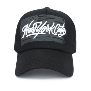 Detail of New York City white embroidery on American flag pattern baseball cap