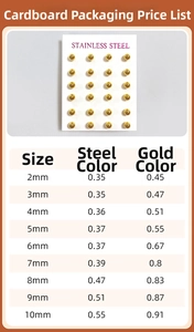 Size chart for golden and steel round ball earrings in 2mm to 10mm stainless steel