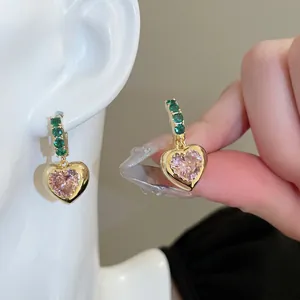 French style heart earrings with pink and green stones in gold-plated settings