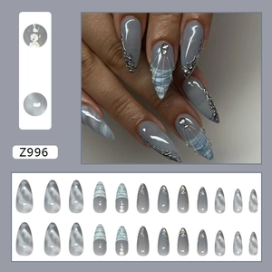 Blue marble press-on nails with silver metallic lines and pearls, 24pcs almond shape