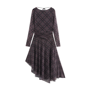 Plaid Maxi Dress Long Sleeve High Waist Mesh Polyester Irregular Hem Backless Tie Back Retro Sexy Style Women
