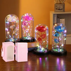 Eternal Gold Foil Rose In Glass Dome Colorful LED Light Artificial Flower Ornament Romantic Valentine Gift Home Decor