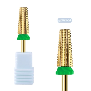 Macro shot of 5-in-1 gold carbide nail drill bit with professional tapered tooth patterns
