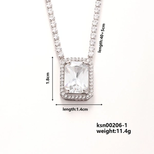 Detail of silver rectangle zircon necklace showing pendant dimensions 1.8x1.4cm and weight 11.4g