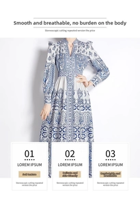 Detail view of vintage court-style V-neck dress with blue and white floral prints
