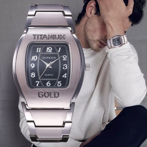 Men's tonneau-shaped quartz watch with titanium-look steel band and black dial face